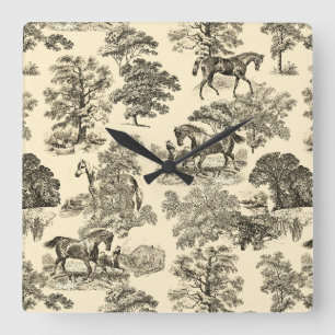 Elegant Rustic Horses Trees Beige Tan Toile Square Wall Clock