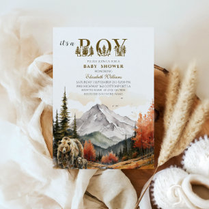 Elegant Rustic It’s a Boy Mountain Bear Baby Sho Invitation
