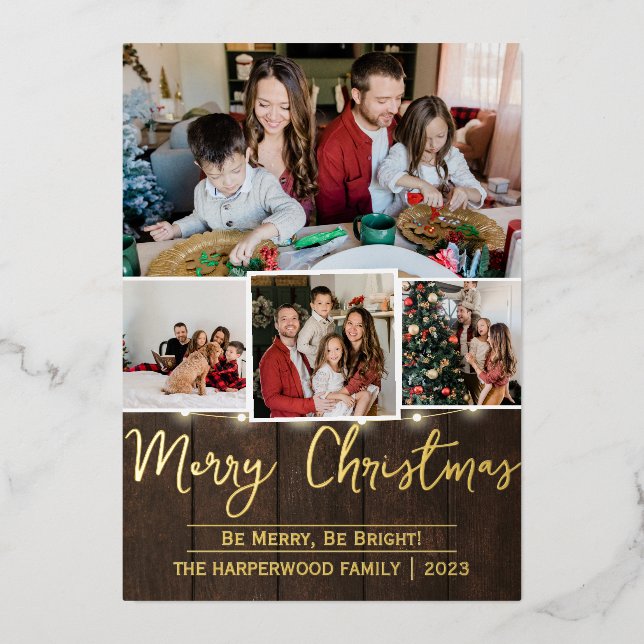 Elegant Rustic joy Christmas Family Photo Collage Foil Holiday Card (Front)