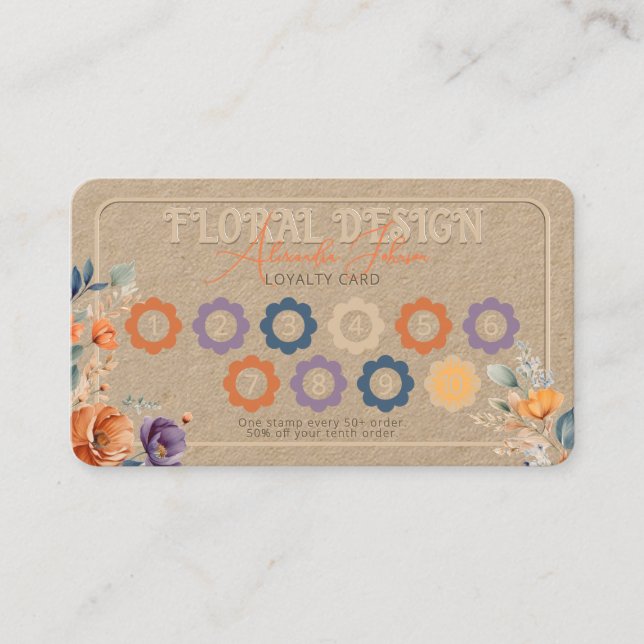 Elegant Rustic Kraft Boho Floral Design Embossed  Loyalty Card (Front)
