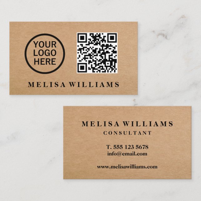 Elegant Rustic Kraft Logo QR code Business Card (Front/Back)