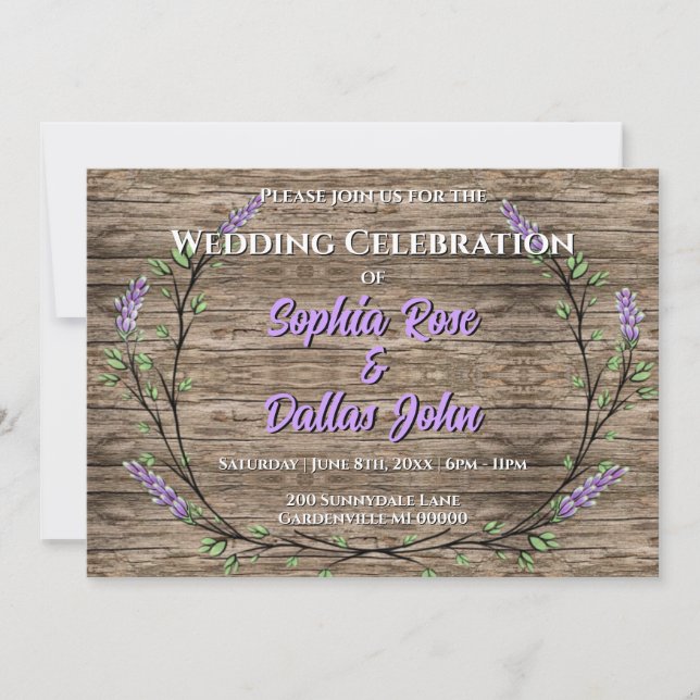 Elegant rustic lavender boho wedding   invitation (Front)
