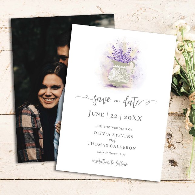 Elegant Rustic Lavender Lace Pot Floral Photo Save The Date (Creator Uploaded)