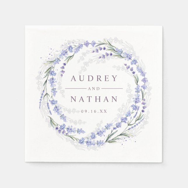 Elegant Rustic Lavender Wreath Wedding Napkin (Front)