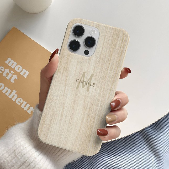 Elegant Rustic Light Beige Wood Effect Monogram Case-Mate iPhone Case (Creator Uploaded)