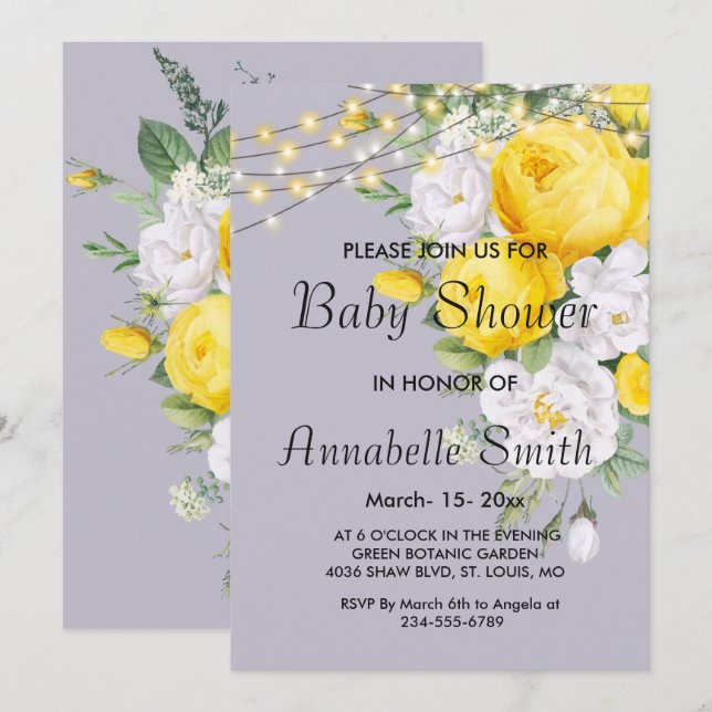 Elegant Rustic lights Yellow Floral Baby Shower  Invitation (Front/Back)