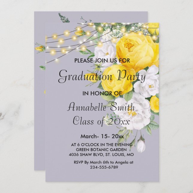Elegant Rustic lights Yellow Graduation Invitation (Front/Back)