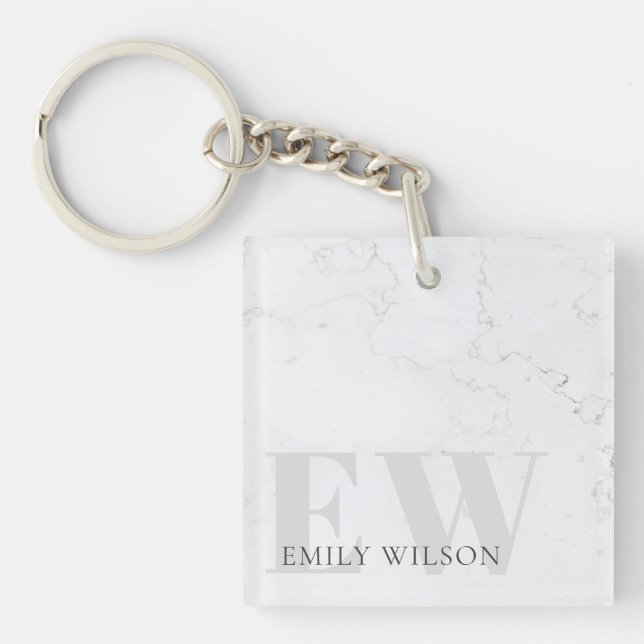 Elegant Rustic Marble Stone Ivory Grey Monogram Key Ring (Front)