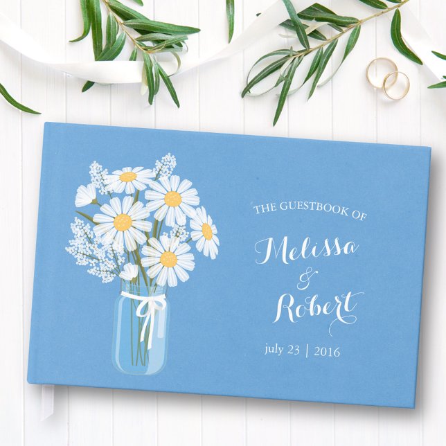 Elegant Rustic Mason Jar Daisies Wedding Blue Guest Book (Creator Uploaded)