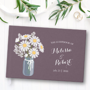 Elegant Rustic Mason Jar Daisies Wedding Purple Guest Book