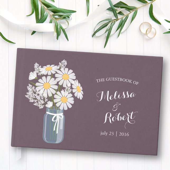 Elegant Rustic Mason Jar Daisies Wedding Purple Guest Book (Creator Uploaded)