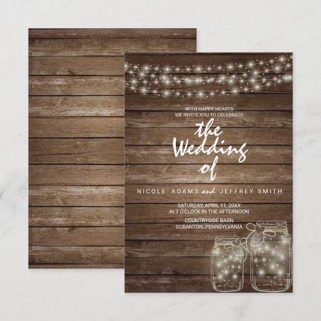 Elegant Rustic Mason Jar Lights Wedding Card (Front/Back)