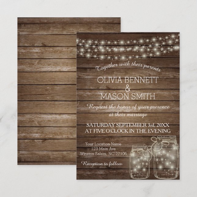 Elegant Rustic Mason Jar Lights Wedding Card (Front/Back)