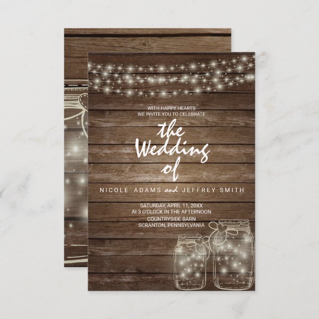 Elegant Rustic Mason Jar Lights Wedding Invitation (Front/Back)