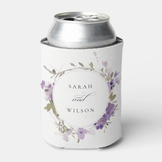 Elegant Rustic Meadow Lilac Floral Wreath Wedding Can Cooler (Can Front)