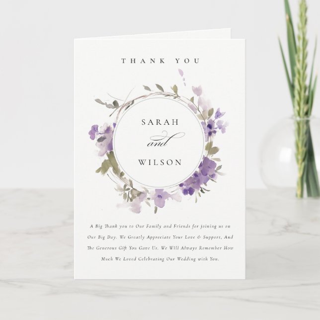 Elegant Rustic Meadow Lilac Floral Wreath Wedding Thank You Card (Front)
