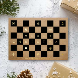 Elegant Rustic Merry Christmas Chequerboard Foil Holiday Card