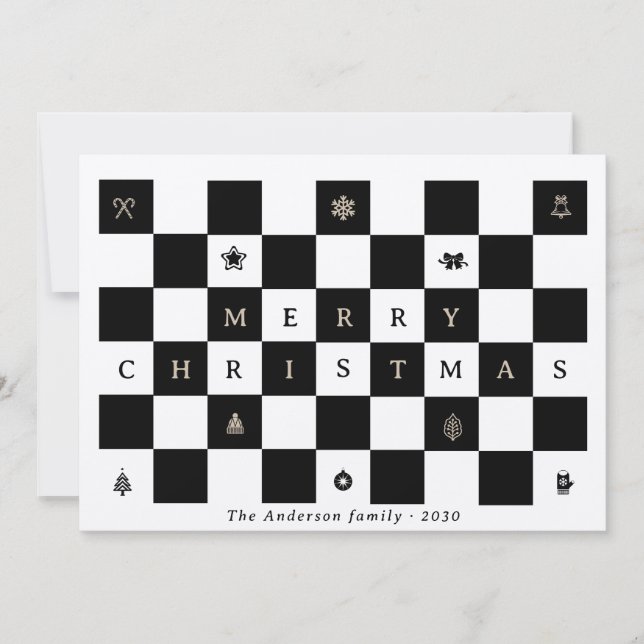 Elegant Rustic Merry Christmas Chequerboard Holiday Card (Front)