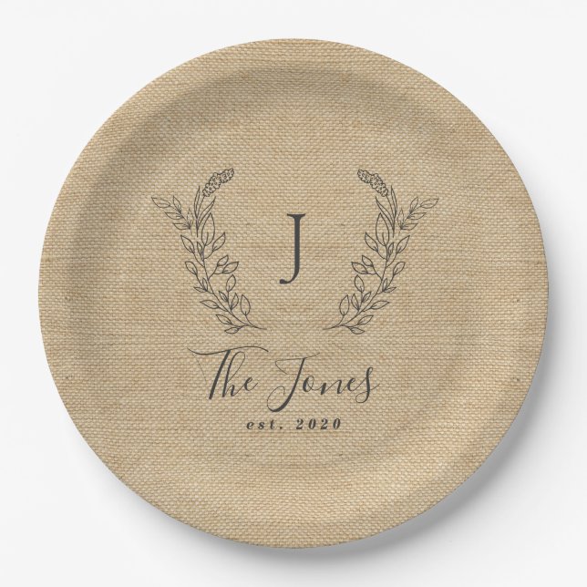 Elegant rustic modern family monogram paper plate (Front)