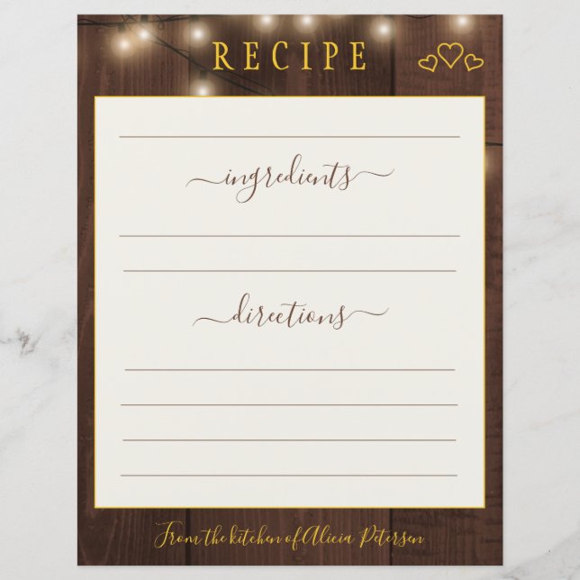 Elegant rustic modern floral gold recipe card (Front)