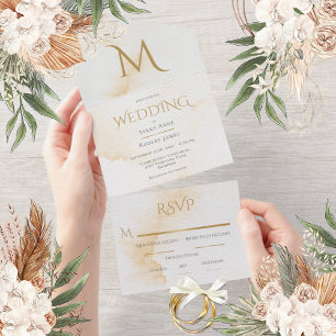 Elegant Rustic Monogram Watercolor Photo Wedding All In One Invitation
