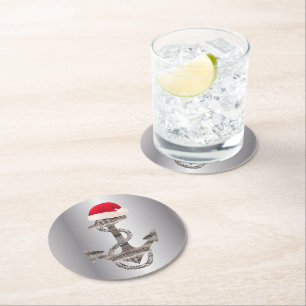elegant rustic nautical ANCHOR + SANTA HAT Round Paper Coaster