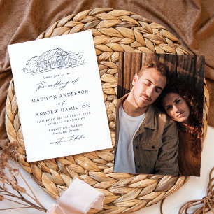 Elegant Rustic Navy Barn Photo Wedding Invitation