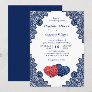 Elegant Rustic Navy Blue and Red Floral Wedding Invitation