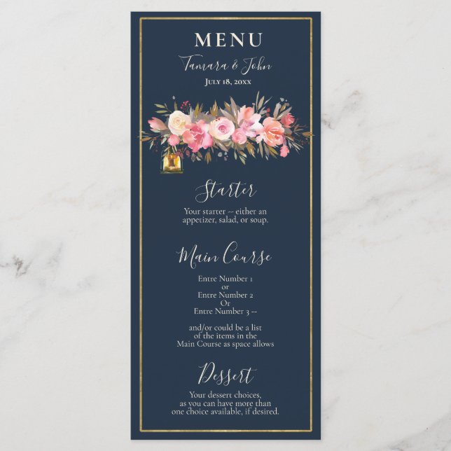 Elegant Rustic Navy Blue Coral Lights Reception Menu (Front)