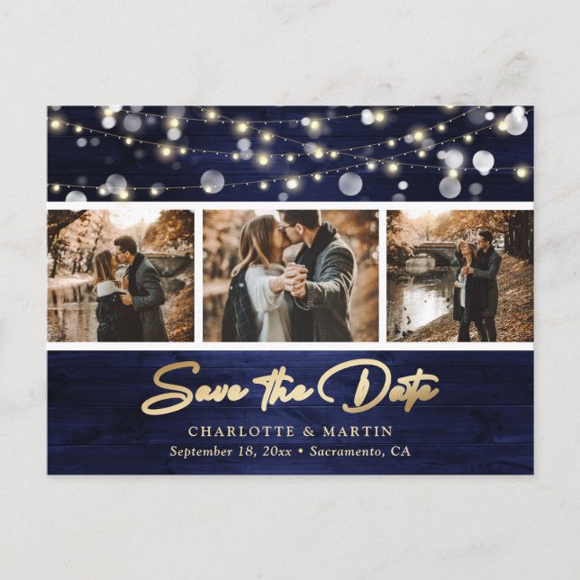 Elegant Rustic Navy Blue Gold Foil Wedding Photo Announcement Postcard (Front)