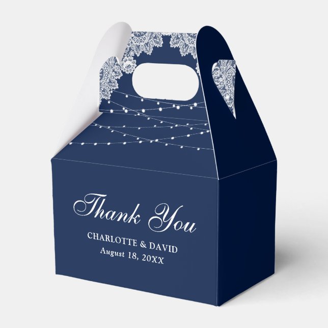 Elegant Rustic Navy Blue Lace Lights Wedding Favour Box (Front Side)