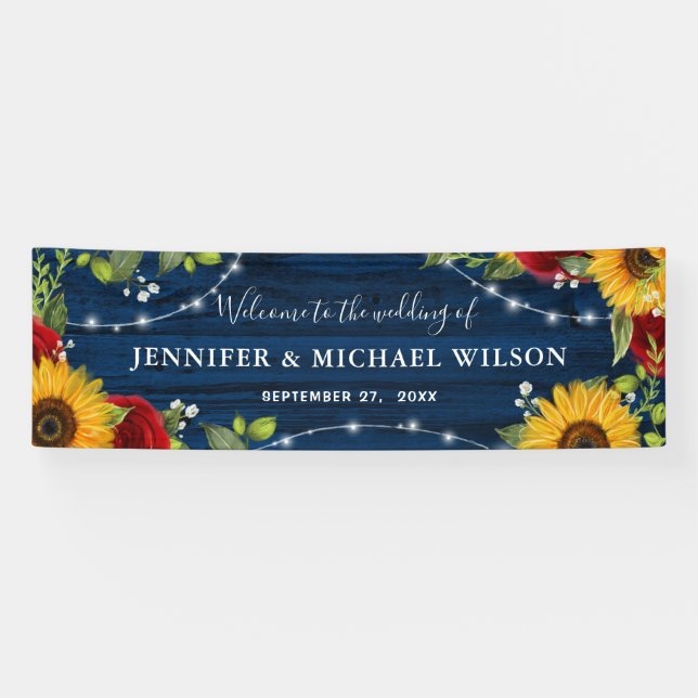 Elegant Rustic Navy Sunflower Rose Welcome Wedding Banner (Horizontal)