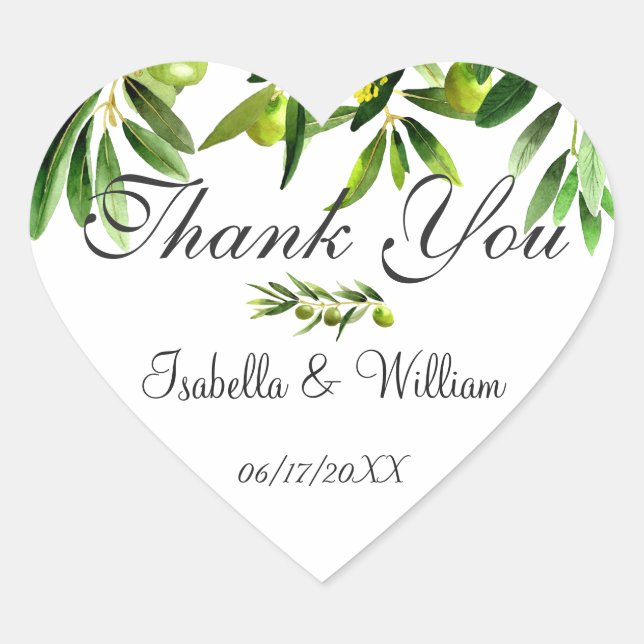 Elegant Rustic Olive Boho Summer Wedding Thank You Heart Sticker (Front)