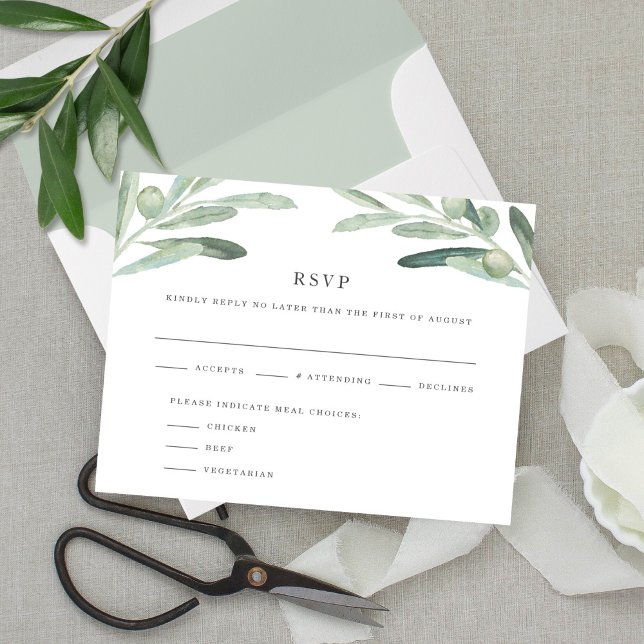 Elegant Rustic Olive Watercolor Wedding RSVP Card (Comes with plain white envelopes or no envelopes. Shown here with optional reply envelope. )