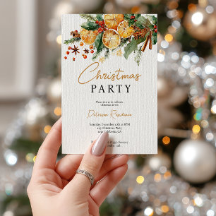 Elegant Rustic Orange and Pine Christmas Party Invitation