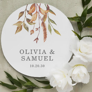 Elegant Rustic Orange Brown Green Leaves Wedding Classic Round Sticker
