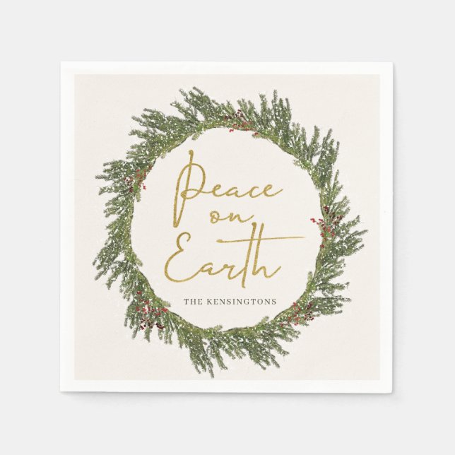 Elegant Rustic Peace on Earth Christmas Wreath Napkin (Front)