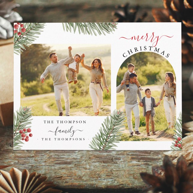 Elegant Rustic Pine Christmas Arch Frame 2 Photo  Holiday Card (Creator Uploaded)