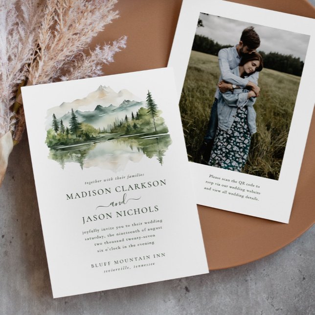 Elegant Rustic Pine Mountain QR Code Photo Wedding Invitation (Creator Uploaded)