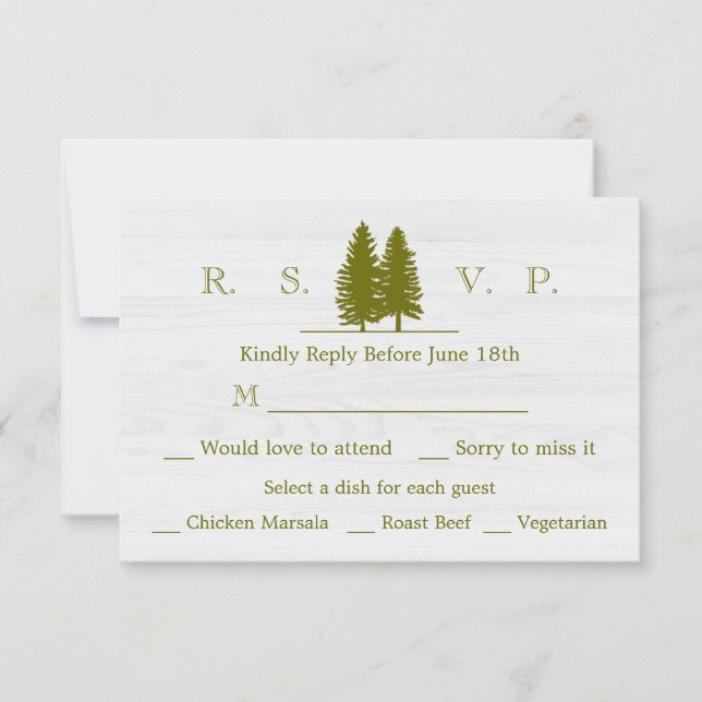 Elegant Rustic Pine Trees on White Wood Background RSVP Card (Front)