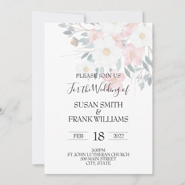 Elegant Rustic Pink and White Watercolor Floral Invitation (Front)