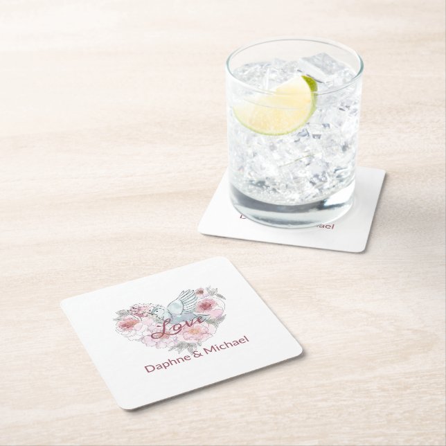 Elegant Rustic Pink Modern Chic Heart Script Square Paper Coaster (Insitu)