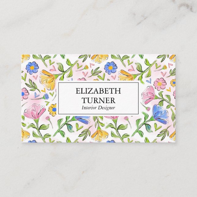 Elegant Rustic Pink Yellow Blue Floral Pattern Business Card (Front)