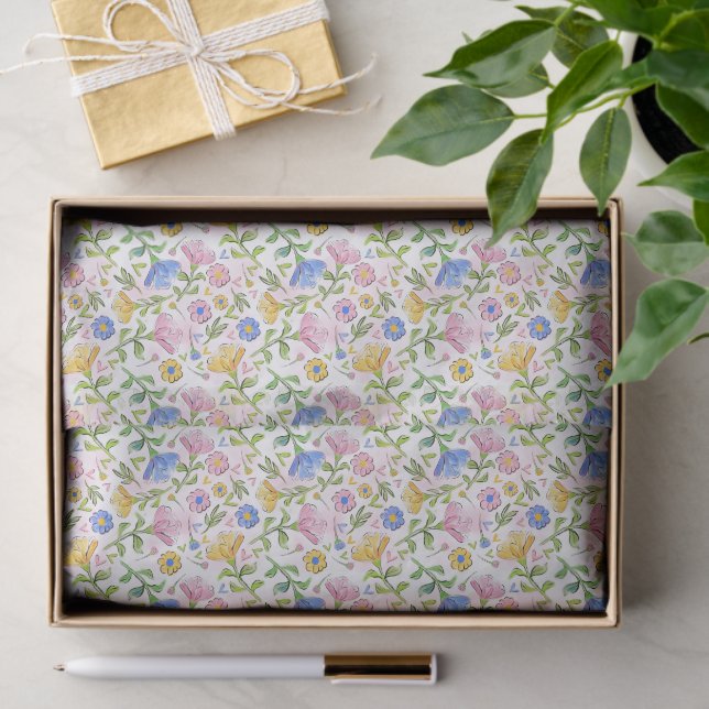 Elegant Rustic Pink Yellow Blue Floral Pattern Tissue Paper (Gift)