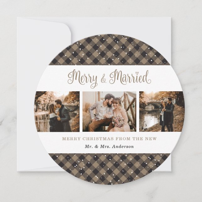 Elegant Rustic Plaid Newlyweds Christmas Cards (Front)