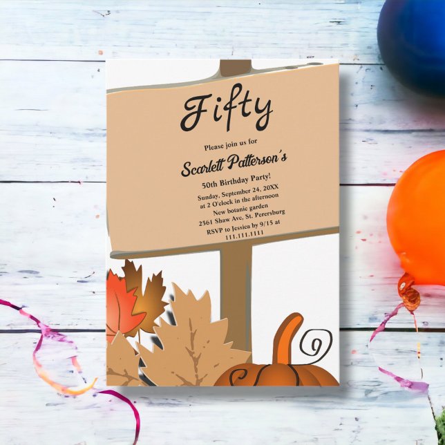 Elegant Rustic Pumpkin Leaves Fall 50th Birthday Invitation (Creator Uploaded)