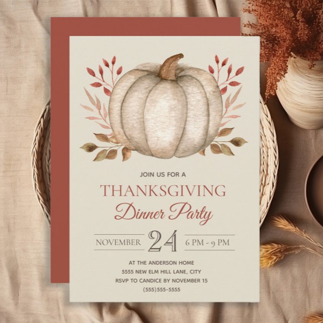 Elegant Rustic Pumpkin Thanksgiving Dinner Party   Invitation (White pumpkin burnt orange Thanksgiving Dinner invitation)