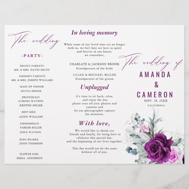 Elegant Rustic Purple Blush Floral Wedding Program (Front)