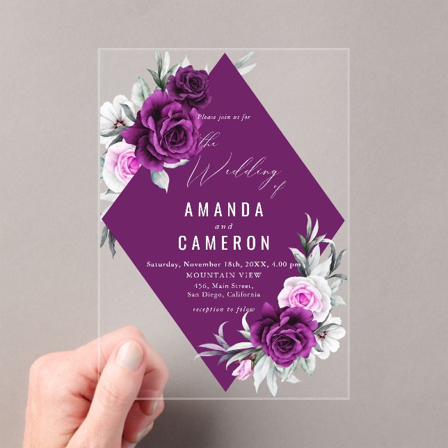 Elegant Rustic Purple Blush Geometric Wedding Acrylic Invitations (Insitu (Handheld))