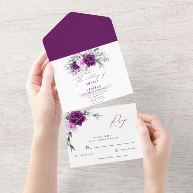 Elegant Rustic Purple Blush Geometric Wedding All In One Invitation (Tearaway)